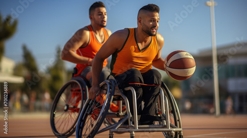 Male wheelchair basketball players in action on an court