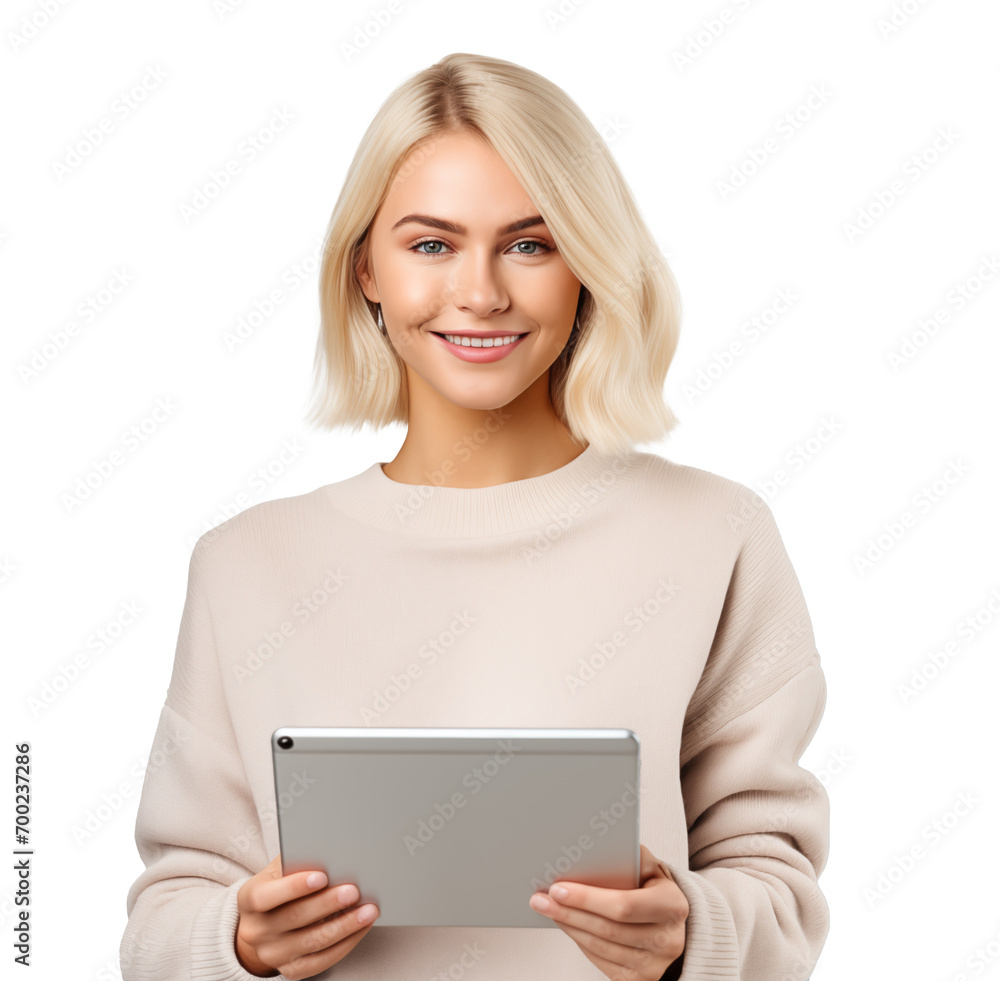 Attractive smiling girl working on a tablet on a transparent background Attractive smiling girl working on a tablet on a transparent background