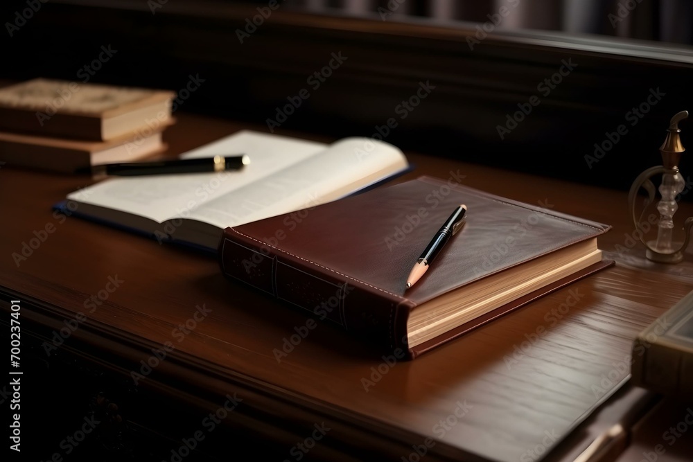 a pen lies on a closed book and another pen lies on an open book on a table a pen lies on a closed book and another pen lies on an open book on a table