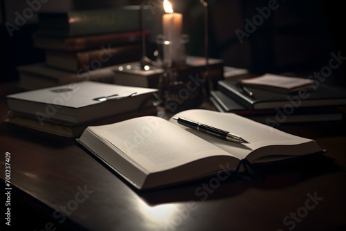 an open notebook with a pen on the top of it and a candle near it © nejrapani
