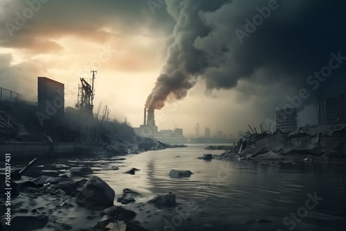 Industrial landscape with thick smoke rising from factory chimneys, polluting the air over a murky river. Concept of environmental pollution and climate crisis