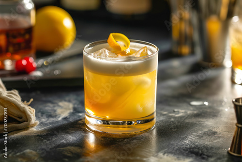 Whiskey Sour classic setup, a stylish composition featuring a perfectly crafted Whiskey Sour cocktail with a garnish of lemon, showcasing the classic elements of this iconic drink.