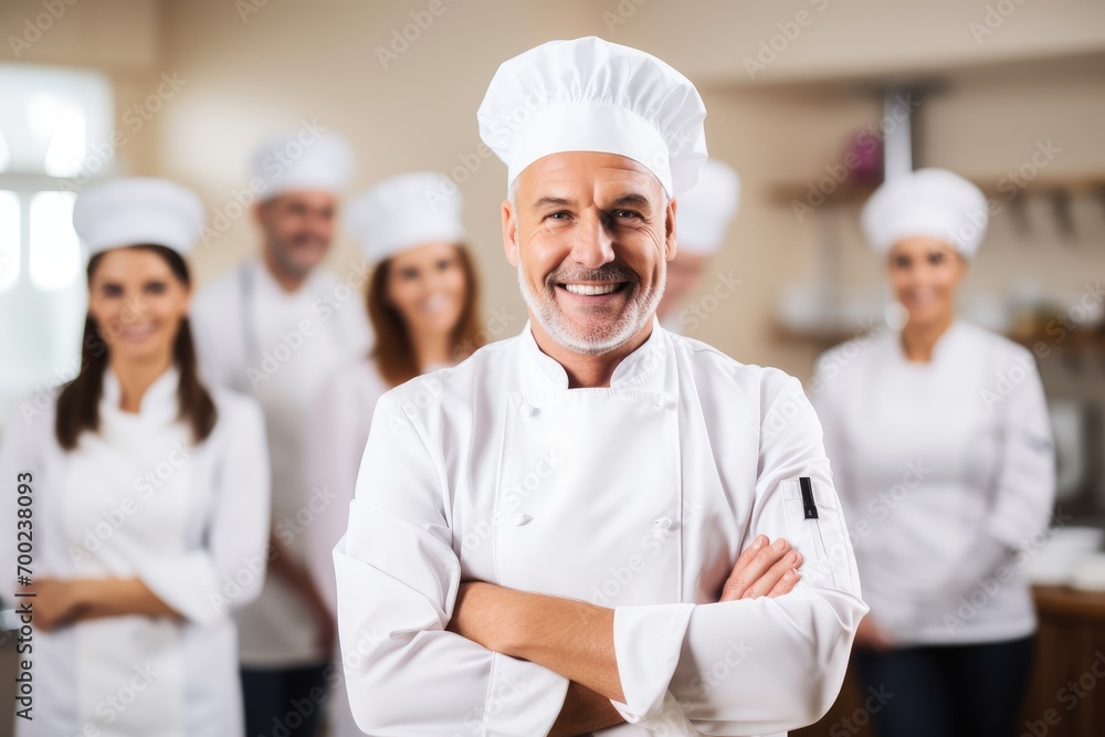 Beautiful people of different professions in uniforms are looking at camera and smiling, isolated on white. Handsome mature cook in the foreground 