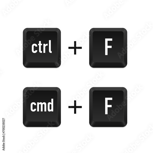 Ctrl F and Cmd F keyboard shortcut keys for find concept. Command set icons. Ctrl F icon in dark color and transparent. Computer keyboard button set. Vector illustration