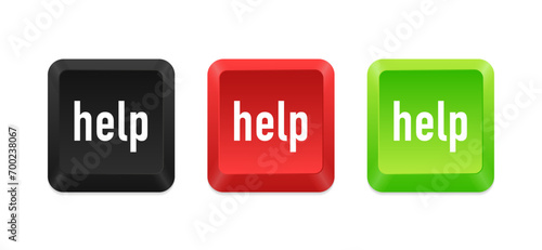 Realistic button help. Green, red, black computer button. Command set icons. Computer keyboard button set. Vector illustration