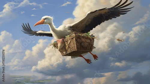 A stork delivering a bundle, mid-flight with fluffy clouds around. photo