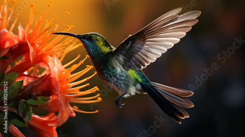 A sunbird hovering near a nectar-rich flower  tail feathers vibrant.