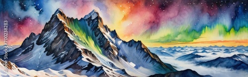 Watercolor painting of snowy mountain landscape with aurora borealis in the sky