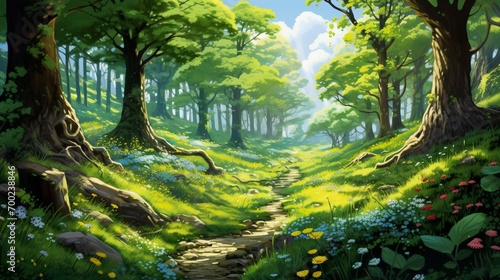 A vibrant forest scene in spring with trees sprouting fresh green leaves.
