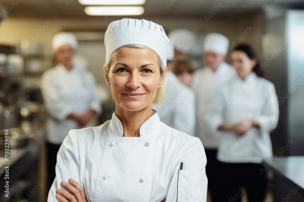 Chef team and Chef Mature woman smiling in chef hat, full length portrait sideways with crossed arms, blurred background of gourmet restaurant kitchen work area, professional colors, sharp focus