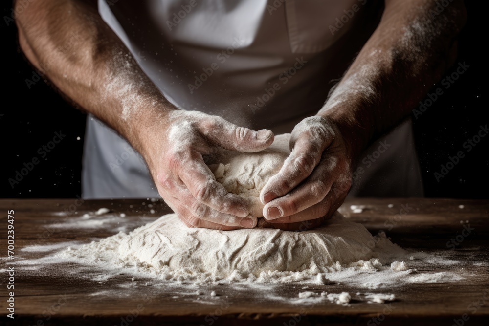 Create a stock photo showcasing a hands - on cooking experience. Capture the moment when a chef's hands are skillfully kneading dough on a wooden surface, with flour gently dusted around. 