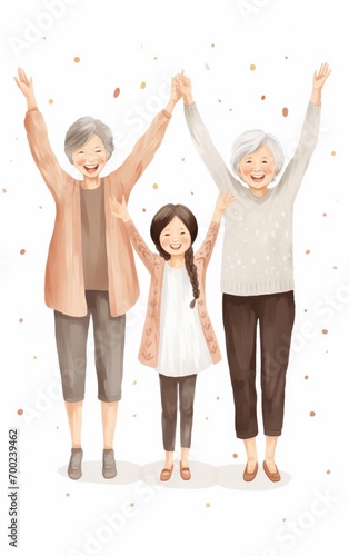 Create grandmother, mother and daughter with the exact same outfit holding their hands in the air, light grey background