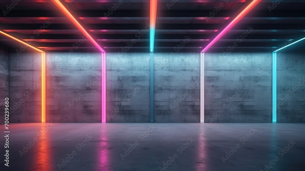 Empty modern concrete room with fluorescent neon tube ceiling lights, Multi-color colors