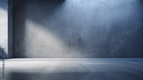 Empty, dark blue room with a light shining on it, in the style of light gray, minimalist backgrounds, photo-realistic still life, light gray and white, 