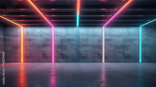 Empty modern concrete room with fluorescent neon tube ceiling lights, Multi-color colors