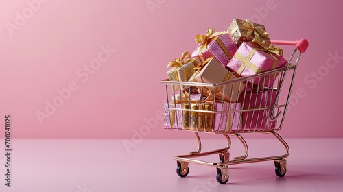 Generative AI, golden and pink shopping cart with many gift boxes on pink background, Valentine's day concept, discount and sale. 