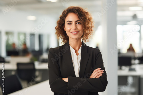 Free Download Happy Professional Woman with Crossed Arms in Modern Workspace - GFXLoad