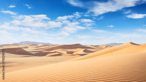 An expansive desert landscape with rolling sand dunes stretching as far as the eye can see under a vast clear desert sky.