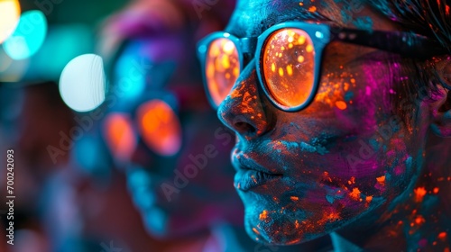 Neon Painted Face in Glasses at Night Event. Close-up of a person with neon paint on face and reflective sunglasses at a night festival.
