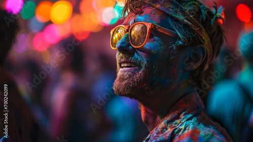 Smiling Person with Neon Face Paint at Festivity. Joyful person with colourful neon paint on face and sunglasses enjoying a festival.