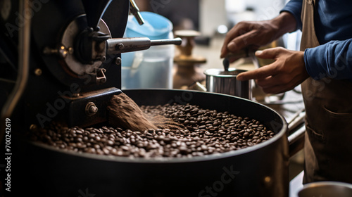 An artisanal coffee roasting workshop with beans being roasted ground and brewed showcasing the art of coffee making.