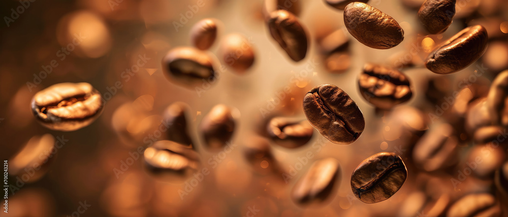 Roasted Coffee Beans Floating with Warm Backlight Roasted Coffee Beans Floating with Warm Backlight