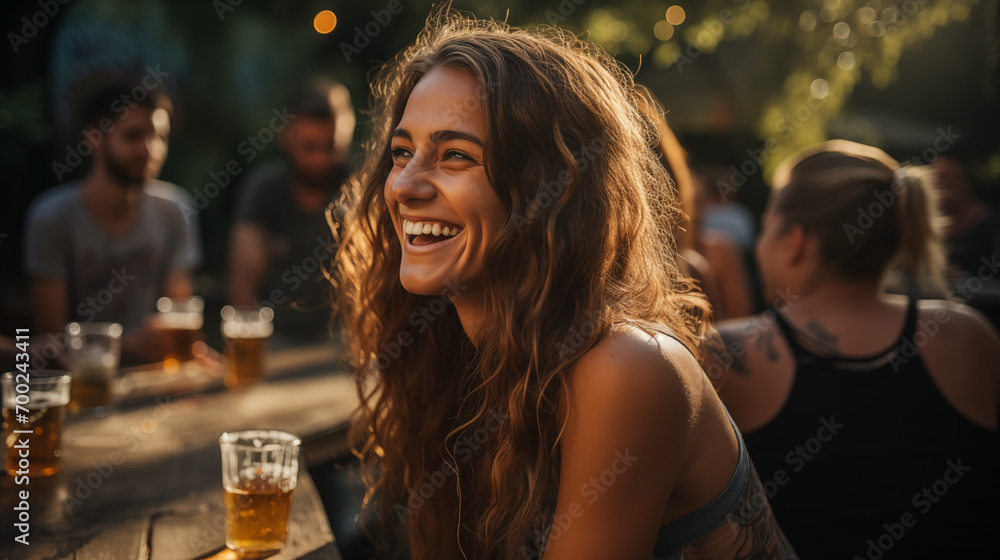 portrait of a beautiful woman at a barbecue party. backyard party.