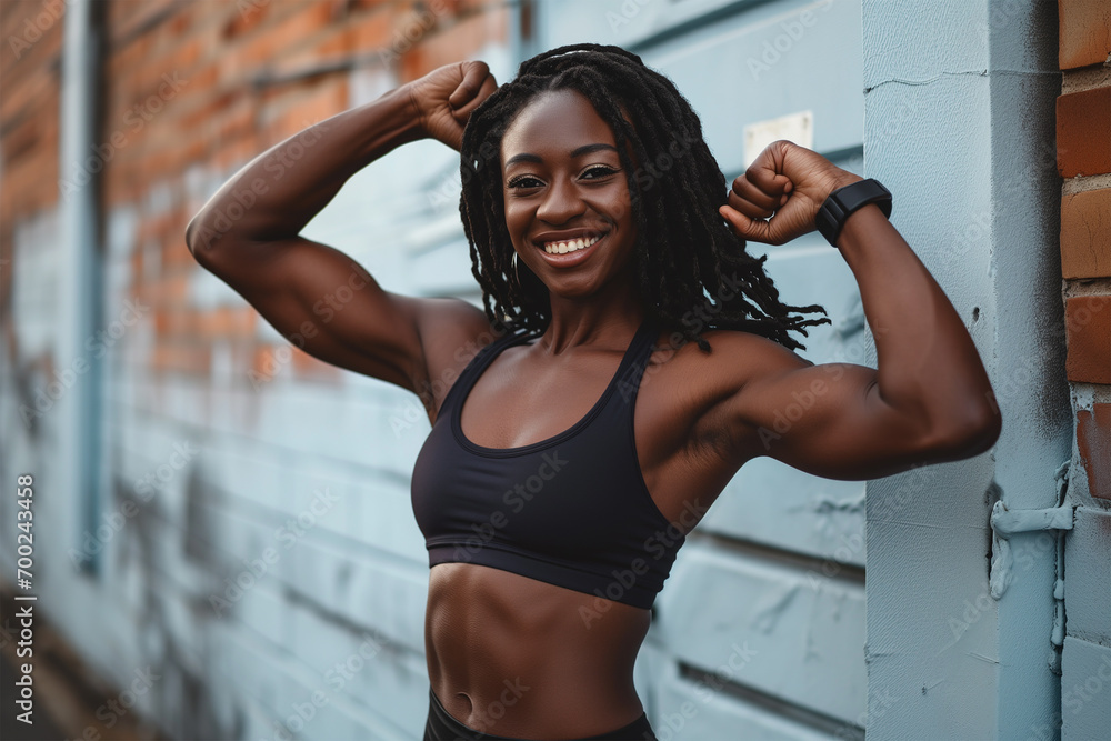 Confident Black Woman in Black Fitness Bra Flexing Arms. African American Woman Making a Strong Muscles. 