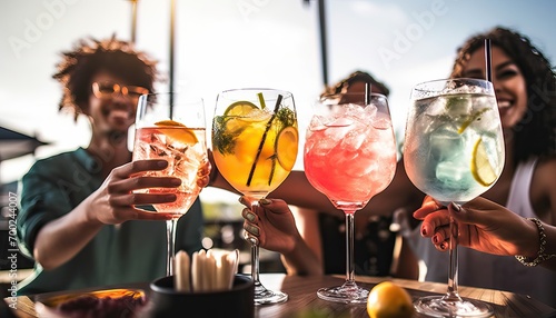 Diverse young people celebrating cheering cocktail glasses outside , Happy group of friends having fun together on summer vacation , Friendship with guys and girls enjoying weekend event