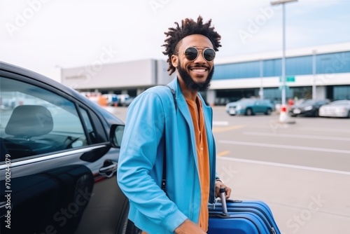 Happy african young man with beards coming out an airport with his luggage about to enter into a blue car  © sambath