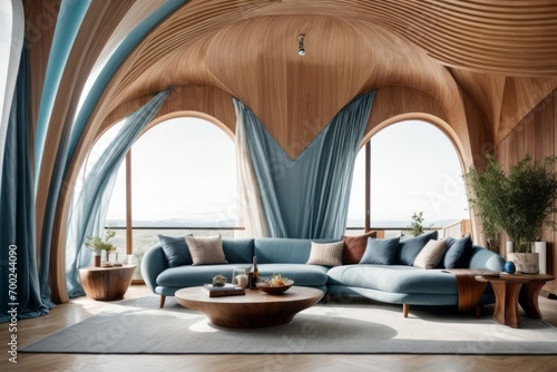 Interior home design of modern living room with curved wooden ceiling and walls with wooden sofas and table