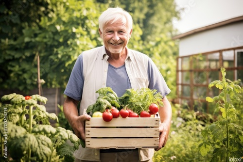 Happy gardener holding box with vegetable plants in his garden, photograph © sambath