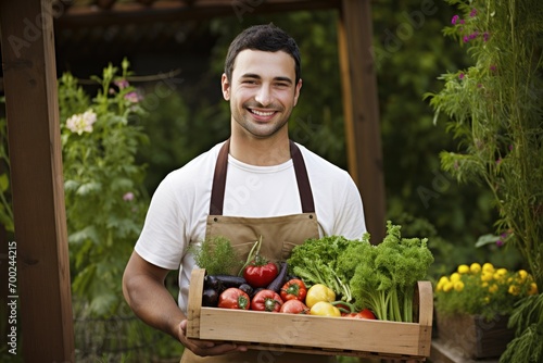 Happy gardener holding box with vegetable plants in his garden, photograph