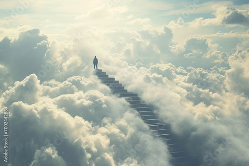 A captivating image of an individual climbing a staircase that extends into a surreal white cloud, creating an amazing and dreamlike visual narrative. Photo photo