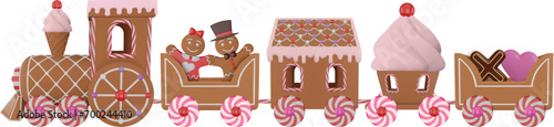 valentine's day gingerbread train with gingerbread man, gingerbread woman and chocolates. isolated gingerbread train 3d illustration