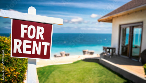 For rent sign with tropical beach in background. Ocean front vacation rental property photo