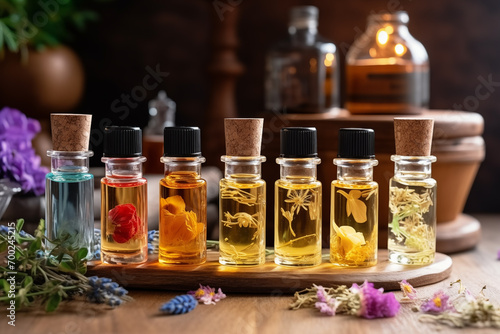 Various bottles of aromatherapy essential oils on a table with plants and herbs