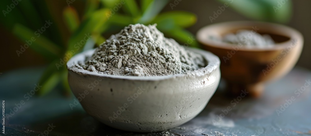 Close-up view of gray bentonite clay in a small white bowl, serving as a DIY mask and body wrap recipe for a natural beauty treatment and spa. - obrazy, fototapety, plakaty 