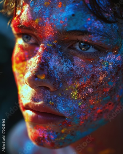 Intense Gaze with Neon Paint on Face. Close-up of an intense gaze with a face covered in neon paint.