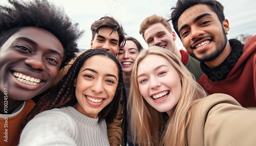 Big group of friends taking selfie picture smiling at camera , Laughing young people celebrating standing outside and having fun , Portrait photography of teens guys and girls enjoying vacation photo