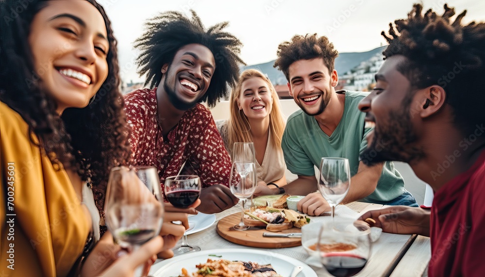 Fototapeta premium Multiethnic friends having fun at rooftop bbq dinner party , Group of young people diner together sitting at restaurant dining table , Cheerful multiracial teens eating food and drinking wine outside