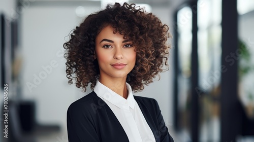 Mujer de raza negra con pelo corto rizado , ejecutiva de una empresa, con camisa blanca y brazos cruzados, con fondo desenfocado de una oficina. photo