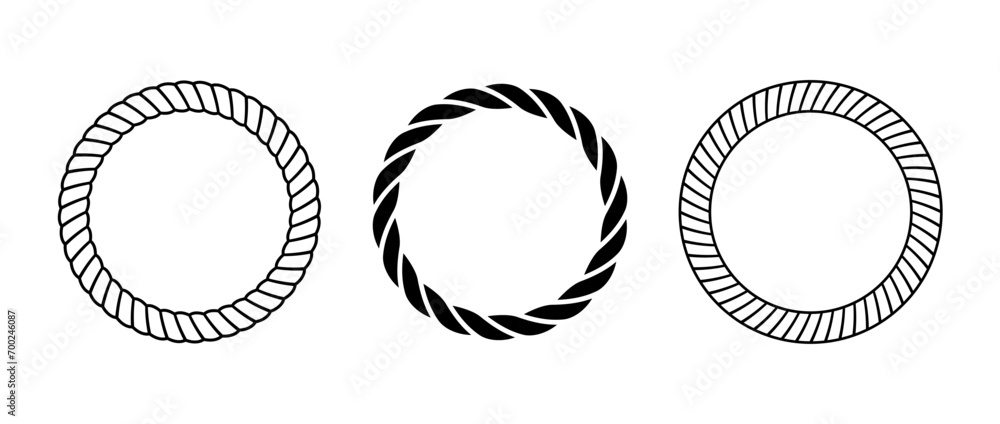 Rope frame set. Round cord border collection. Circle rope wreath loop. design, frame. Chain, braid or plait border bundle. Circular design elements for decoration, banner, poster. Vector illustration - obrazy, fototapety, plakaty 