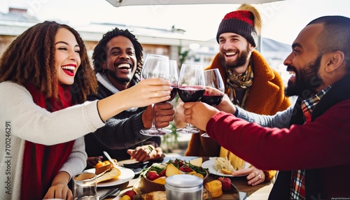 Happy friends group toasting red wine dining at restaurant terrace , Young people socializing drinking and eating food sitting outside at winery bar table , Winter season , Dinner lifestyle photo