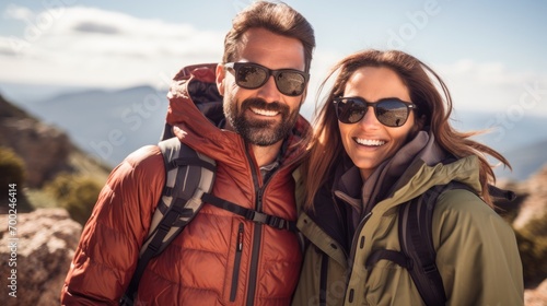 pareja mayor, con ropa de abrigo y gafas de sol, realizando senderismo por la naturaleza, como parte de un viaje de aventura para personas mayores y jubilados  photo
