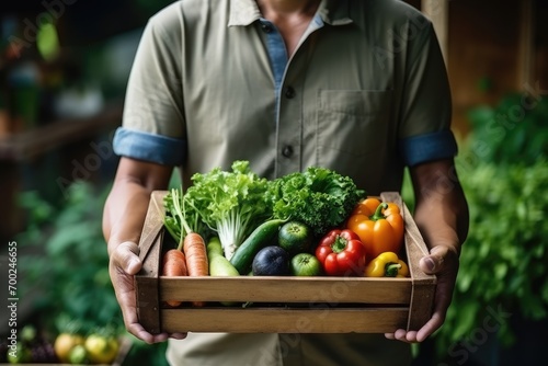 Photo portrait of asian farmer man holding wooden box full of fresh raw vegetables. organic farm concept