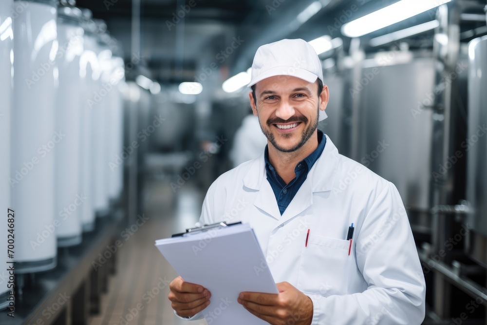 Photograph of Food processing plant interior with positive smiling technologist holding checklist. Industrial worker satisfied with results and quality control. telephoto lens daylight white 