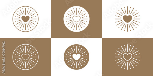 Geometric Love Sun Logo. Sunburst, Sun Beams in Hearts Shape. Hearts Shining with Linear Sunlight Sunrises Sun. Summer and Love Logo Design Template.