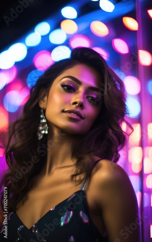 Photo realistic Photo shoot of an elegant young Indian model  immersed in a vibrant party mood within a bustling club setup. Wearing elegant party attire that sparkles under the lights