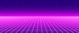 Neon wireframe horizon background. Light pink grid room floor in perspective. Glow magenta retro futuristic wallpaper. Abstract checkered plane landscape. Neon game floor surface. Vector backdrop